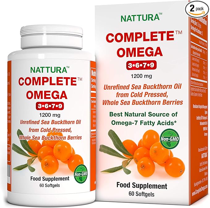 Nattura Complete Omega 3-6-7-9, Pure Sea Buckthorn Oil, European Quality, from Unrefined, Cold Pressed Whole Sea Buckthorn Wild Berries - 1,200mg - 2 Bottles