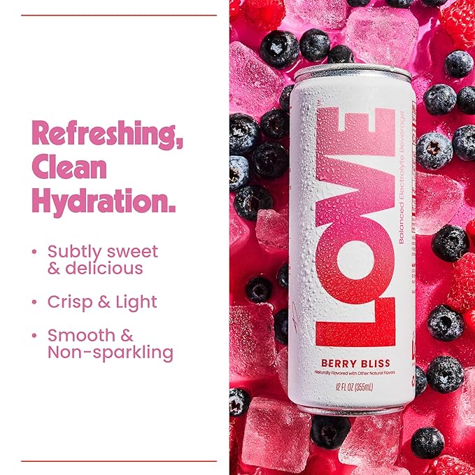 Be LOVE Balanced Electrolyte Beverage - Flavored Still Beverage for Daily Hydration, Exercise, Work & Wellness - Magnesium, Potassium & Sodium - Zero Sugar, Gluten Free (Berry Bliss, 12oz x 12ct)