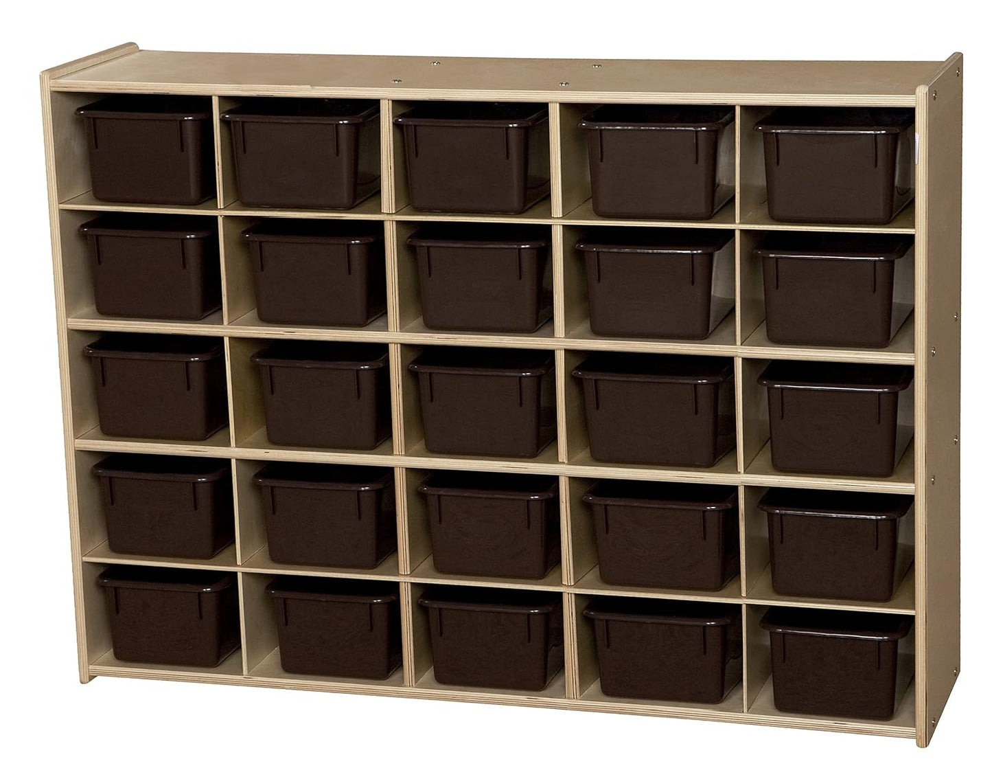 Contender Birch 25 Cubby Tray Cabinet with Brown Color Bins, Toy Storage Organizer for Toddlers, Shelving Units for Kindergarten, Daycare, Nursery, Homeschool