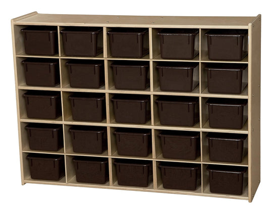 Contender Birch 25 Cubby Tray Cabinet with Brown Color Bins, Toy Storage Organizer for Toddlers, Shelving Units for Kindergarten, Daycare, Nursery, Homeschool