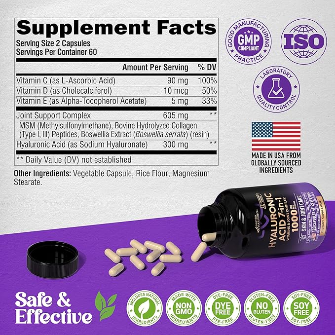 Hyaluronic Acid Supplements 1000 mg - Collagen | MSM | Boswellia | Vitamin D3, C & E - Hyaluronic Acid Capsules - Skin Hydratation & Joint Comfort Support - 7-in-1 Complex - Made in USA - 120 Capsules
