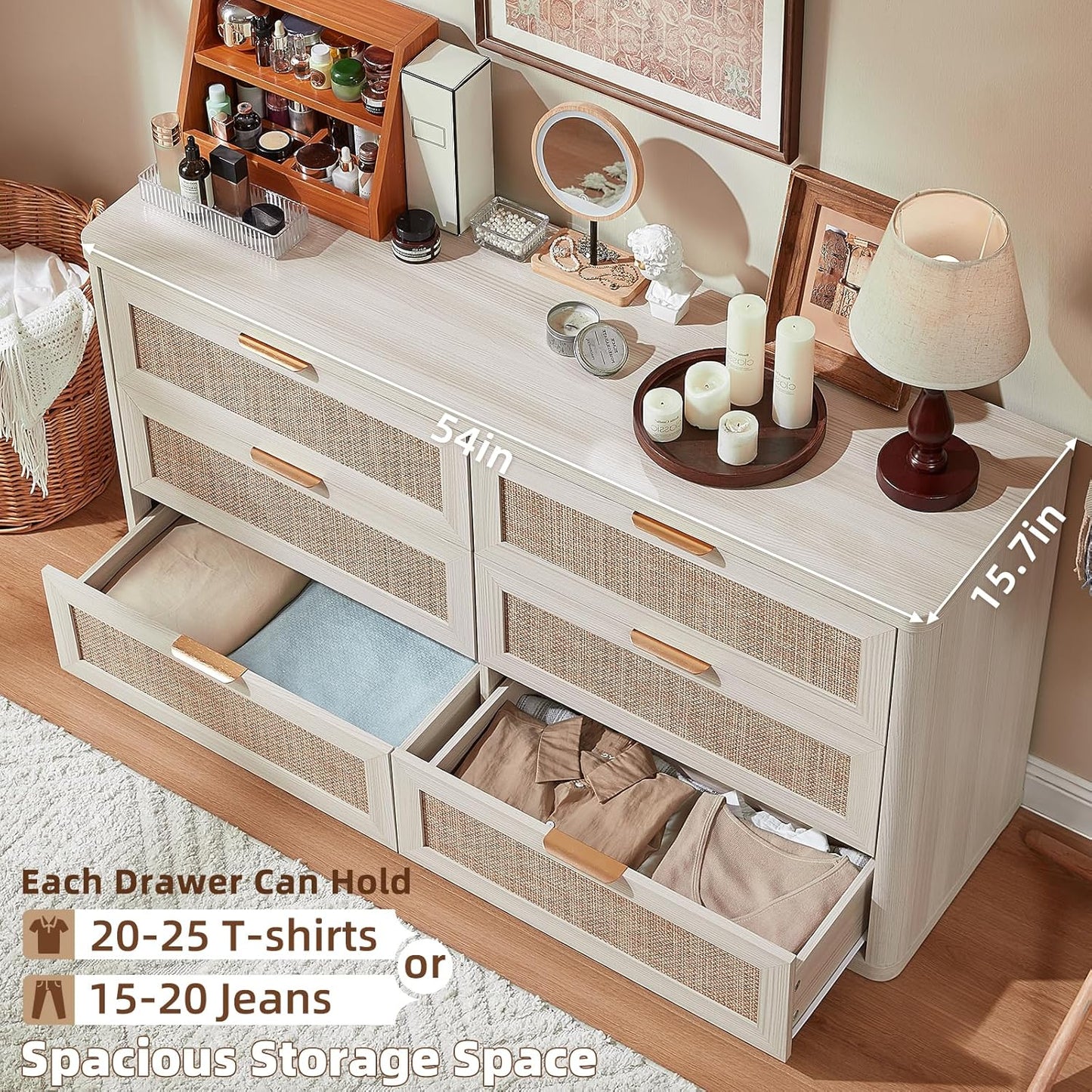 LEYAOYAO Rattan 6 Drawer Dresser for Bedroom, Boho 54" Wide White Dresser Chest of Drawers, Dressers TV Stand with Metal Handle, Storage Dressers Closet Organizer for Living Room, Hallway