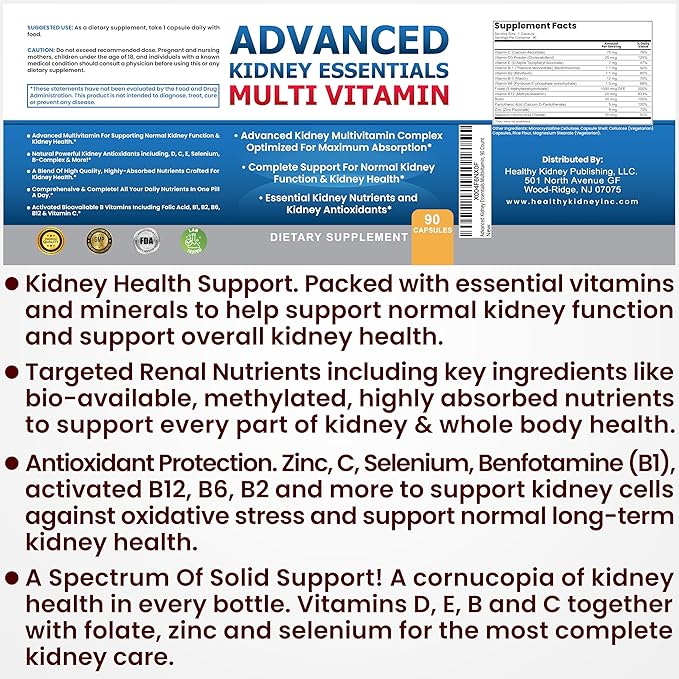 Advanced Kidney Essentials Multivitamin. Kidney Support Supplement for Complete Kidney Health. Kidney Health Supplement with Renal Vitamins 30 Caps