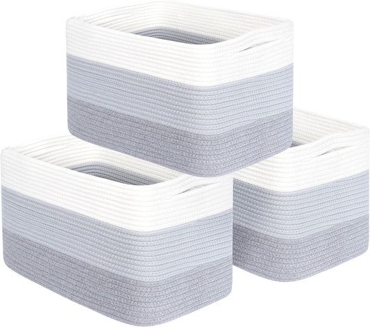 MINTWOOD Design 3-Pack Storage Baskets for Shelves, Playroom and Classroom, Book Basket, Decorative Storage Cube Bins, Woven Closet Organizers, Pantry and Shoe Organizer, 3-Tone Grey
