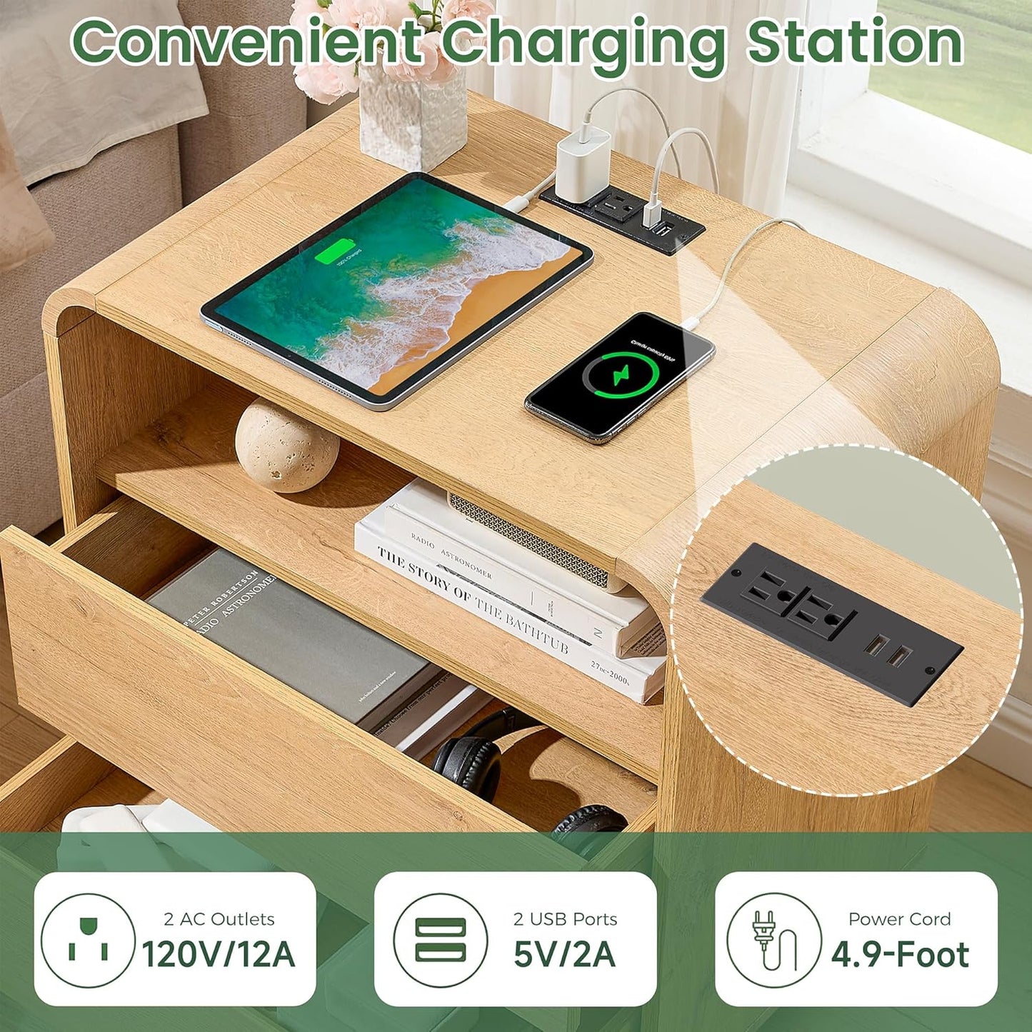 Modern Nightstand Set of 2, 23.2" Large Wood Bedside Table with Charging Station & Curved Profile, 2 Storage Drawers Side Table, Mid-Century End Table Night Stand for Bedroom Sofa Natural