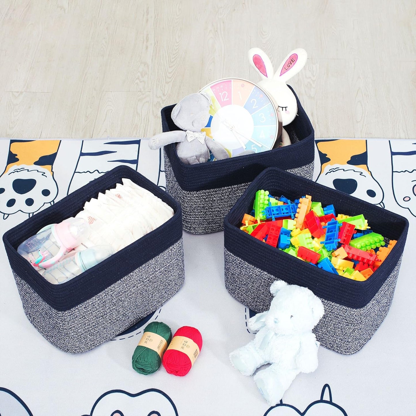 MINTWOOD Design 3-Pack Storage Baskets for Shelves, Playroom and Classroom, Book Basket, Decorative Storage Cube Bins, Woven Closet Organizers, Pantry and Shoe Organizer, Navy Blue