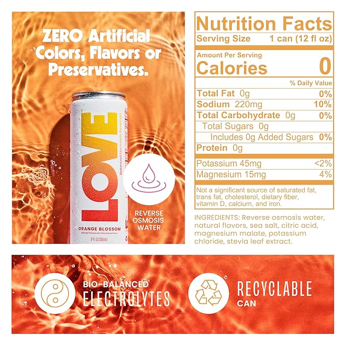 Be LOVE Balanced Electrolyte Beverage - Flavored Still Beverage for Daily Hydration, Exercise, Work & Wellness - Magnesium, Potassium & Sodium - Zero Sugar, Gluten Free (Orange Blossom, 12oz x 12ct)
