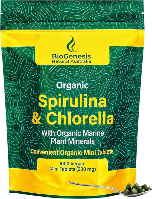 Biogenesis Organic Spirulina, Chlorella & Marine Plant Minerals - 1000 Count (200 mg) | Australian Grown Algae Superfood | Support Energy & Immunity | Vegan Mini Tablets