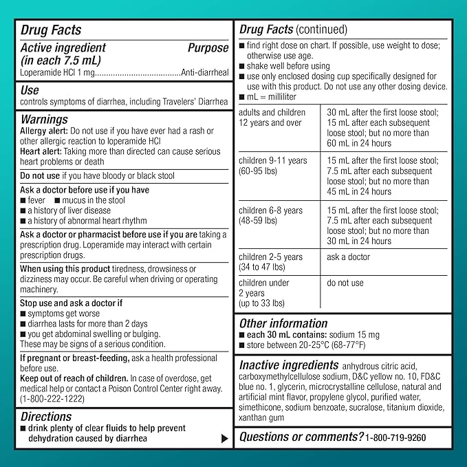 Amazon Basic Care Loperamide Hydrochloride Oral Solution, 1 mg per 7.5 mL, Mint Flavor, Anti-Diarrheal Medicine for Ages 6 Years and up, 4 fl oz (Pack of 1)