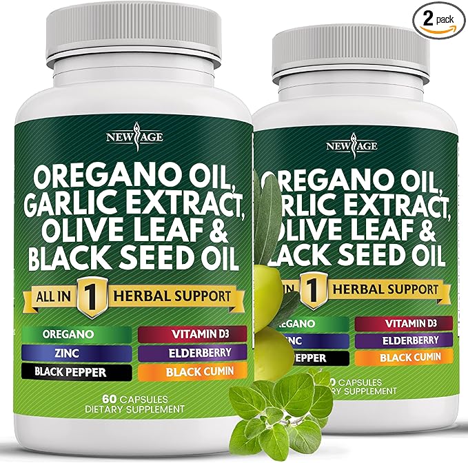NEW AGE Oregano Oil Garlic Extract Olive Leaf with Astragalus - Supplement for Women and Men - 120 Count