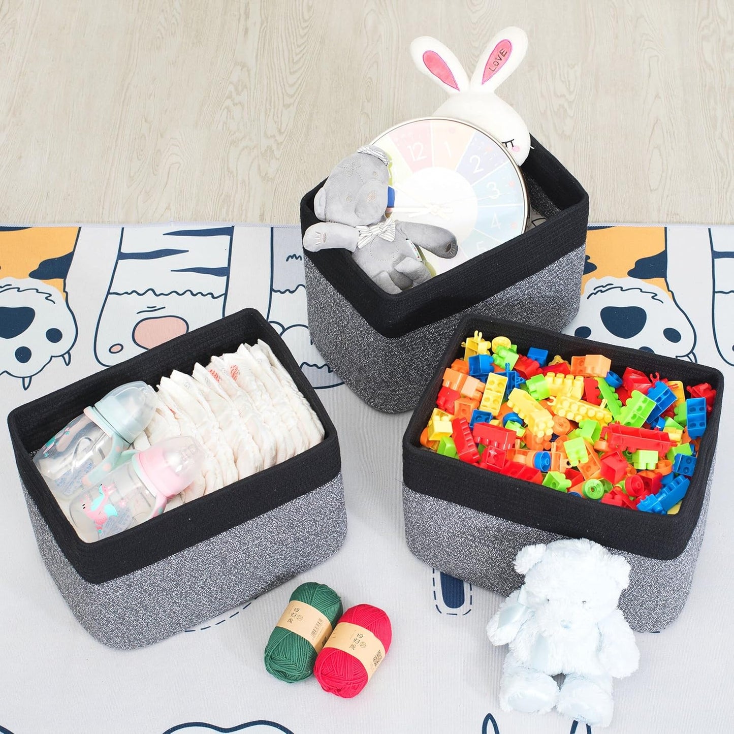 MINTWOOD Design 3-Pack Storage Baskets for Shelves, Playroom and Classroom Storage Basket, Book Basket, Decorative Storage Cube Bins, Woven Closet Organizers, Pantry and Shoe Organizer, Black Grey Mix