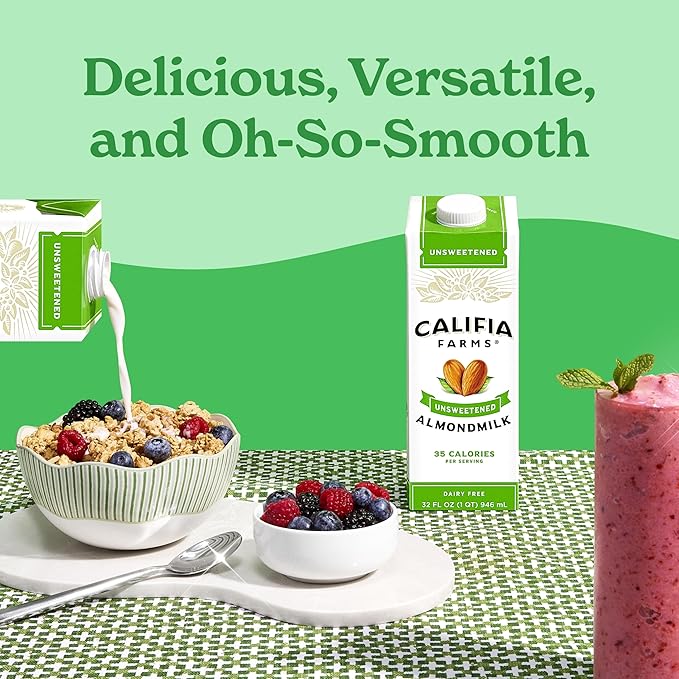 Califia Farms - Unsweetened Almond Milk, 32 Oz (Pack of 6), Dairy Free, Vegan, Plant Based, Keto Food, Shelf Stable, Vegan, Gluten Free, Non GMO, Sugar Free, High Calcium, Smoothie