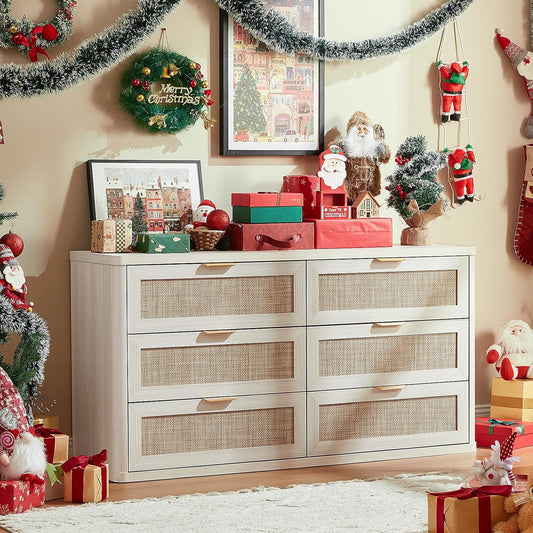 LEYAOYAO Rattan 6 Drawer Dresser for Bedroom, Boho 54" Wide White Dresser Chest of Drawers, Dressers TV Stand with Metal Handle, Storage Dressers Closet Organizer for Living Room, Hallway