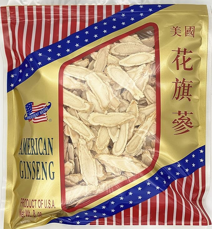 American Ginseng SKU#0168PB-M8-B |Wisconsin Ginseng Root |Culticate Ginseng Root|总统牌美国花旗参|總統牌美國花旗參|Nhân Sâm Mỹ |미국인삼|Jumbo Slice |8oz Bag 中参片 (Medium)