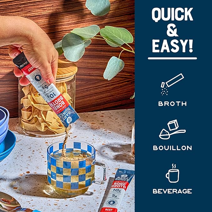 Bare Bones Beef Bone Broth Instant Powdered Mix | Rich Savory Packets on-the-Go No Artificial Flavors | Keto & Paleo Friendly | 10g Protein | 16 Pack