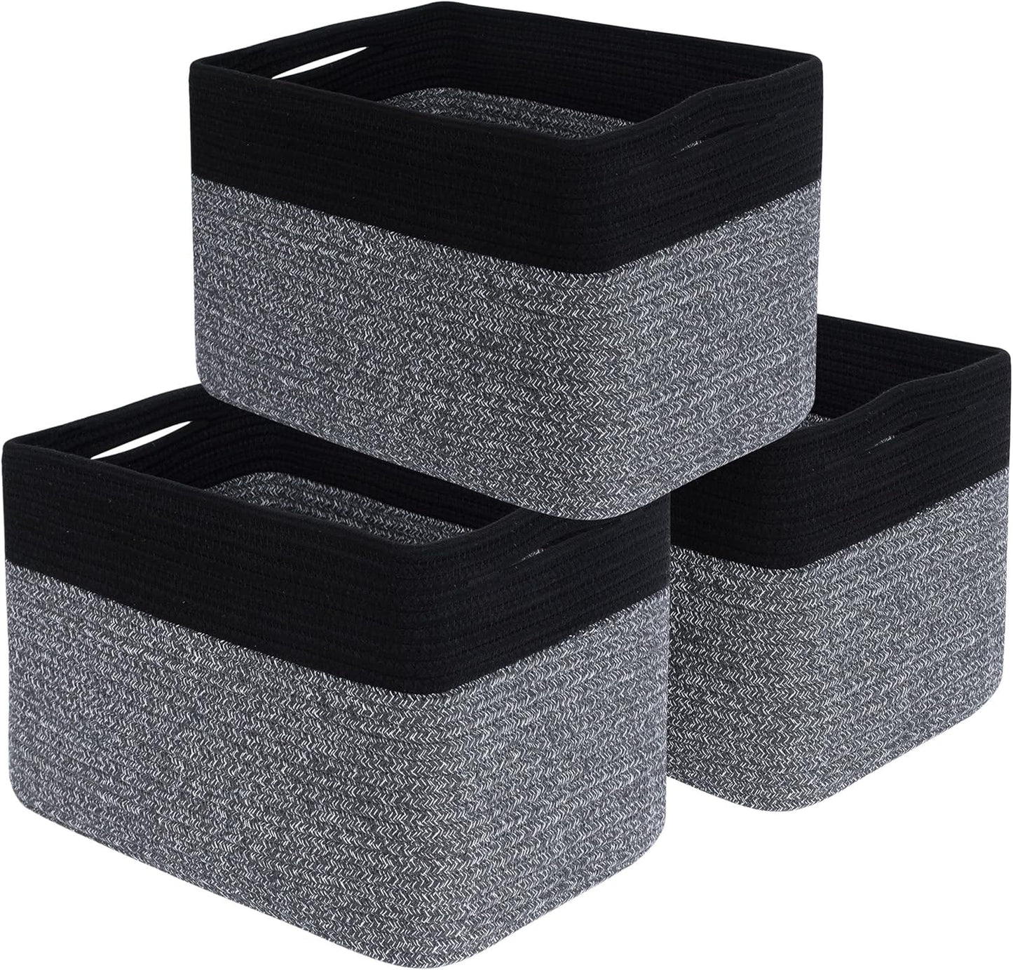 MINTWOOD Design 3-Pack Storage Baskets for Shelves, Playroom and Classroom Storage Basket, Book Basket, Decorative Storage Cube Bins, Woven Closet Organizers, Pantry and Shoe Organizer, Black Grey Mix