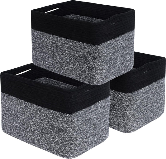 MINTWOOD Design 3-Pack Storage Baskets for Shelves, Playroom and Classroom Storage Basket, Book Basket, Decorative Storage Cube Bins, Woven Closet Organizers, Pantry and Shoe Organizer, Black Grey Mix