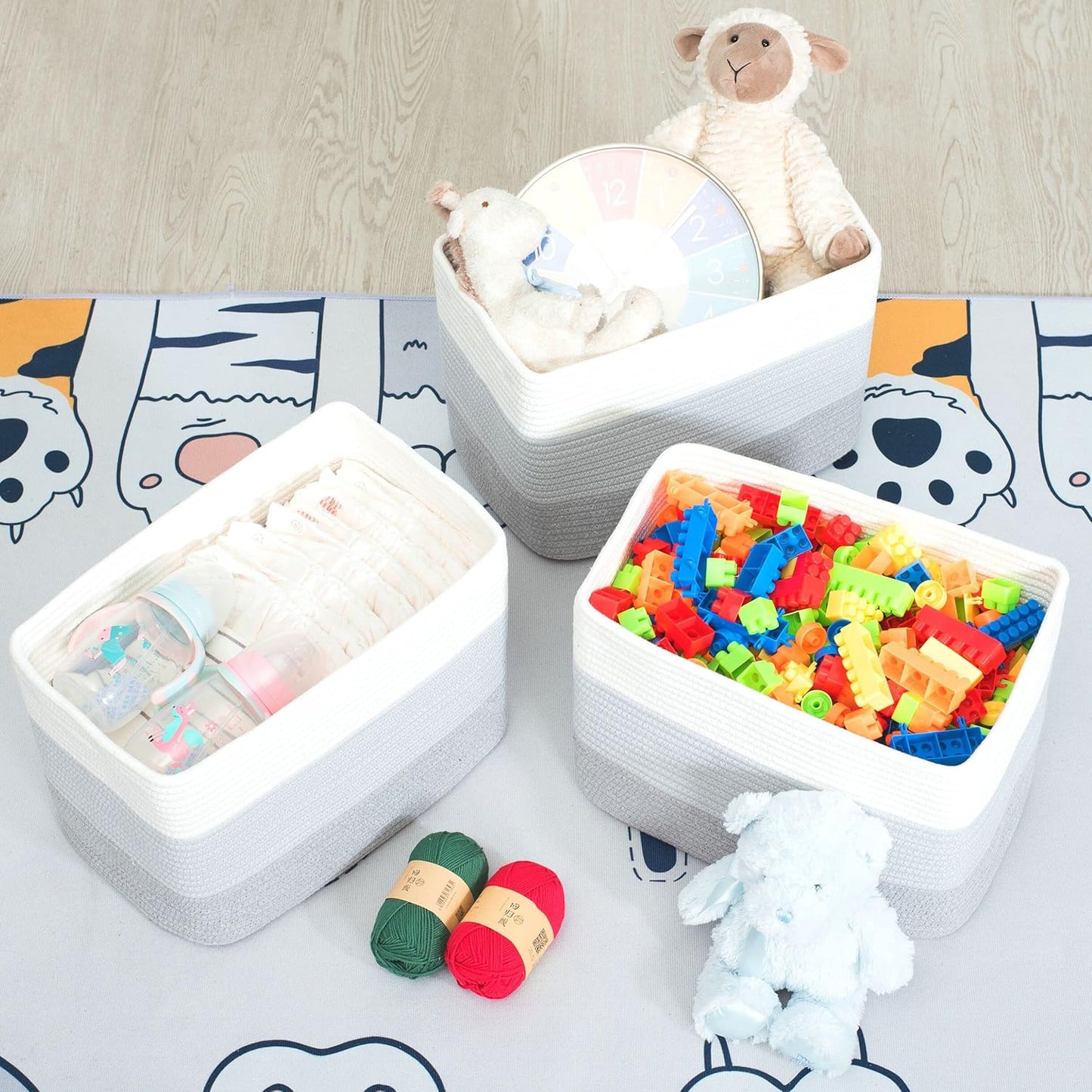 MINTWOOD Design 3-Pack Storage Baskets for Shelves, Playroom and Classroom, Book Basket, Decorative Storage Cube Bins, Woven Closet Organizers, Pantry and Shoe Organizer, 3-Tone Grey