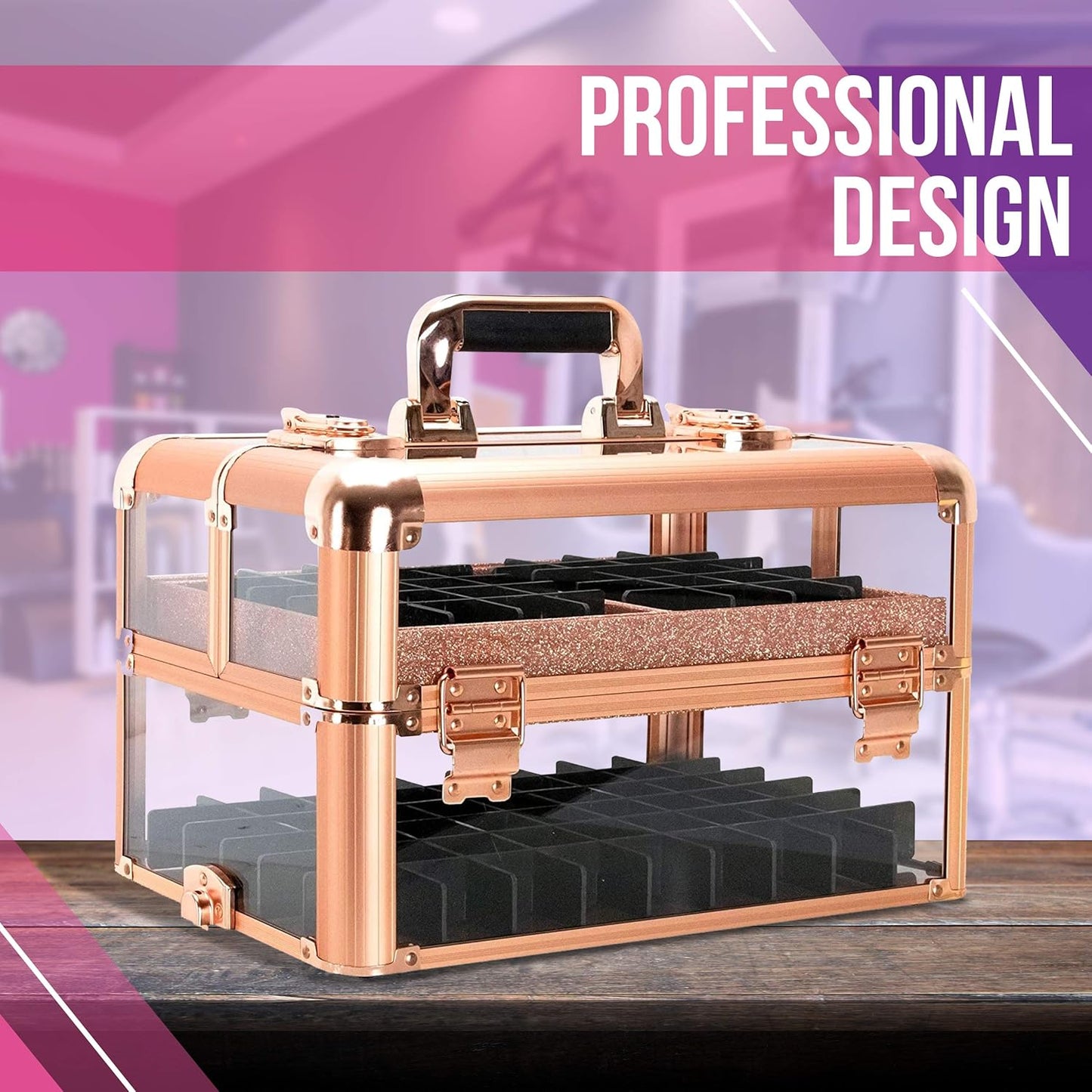 Ver Beauty Professional Armored Clear Acrylic Makeup Nail Tech Case with 2 Sliding Trays and Removable Dividers for Nail Polish Organizer Lockable Portable Travel Cosmetic Aluminum Case (Rose Gold)