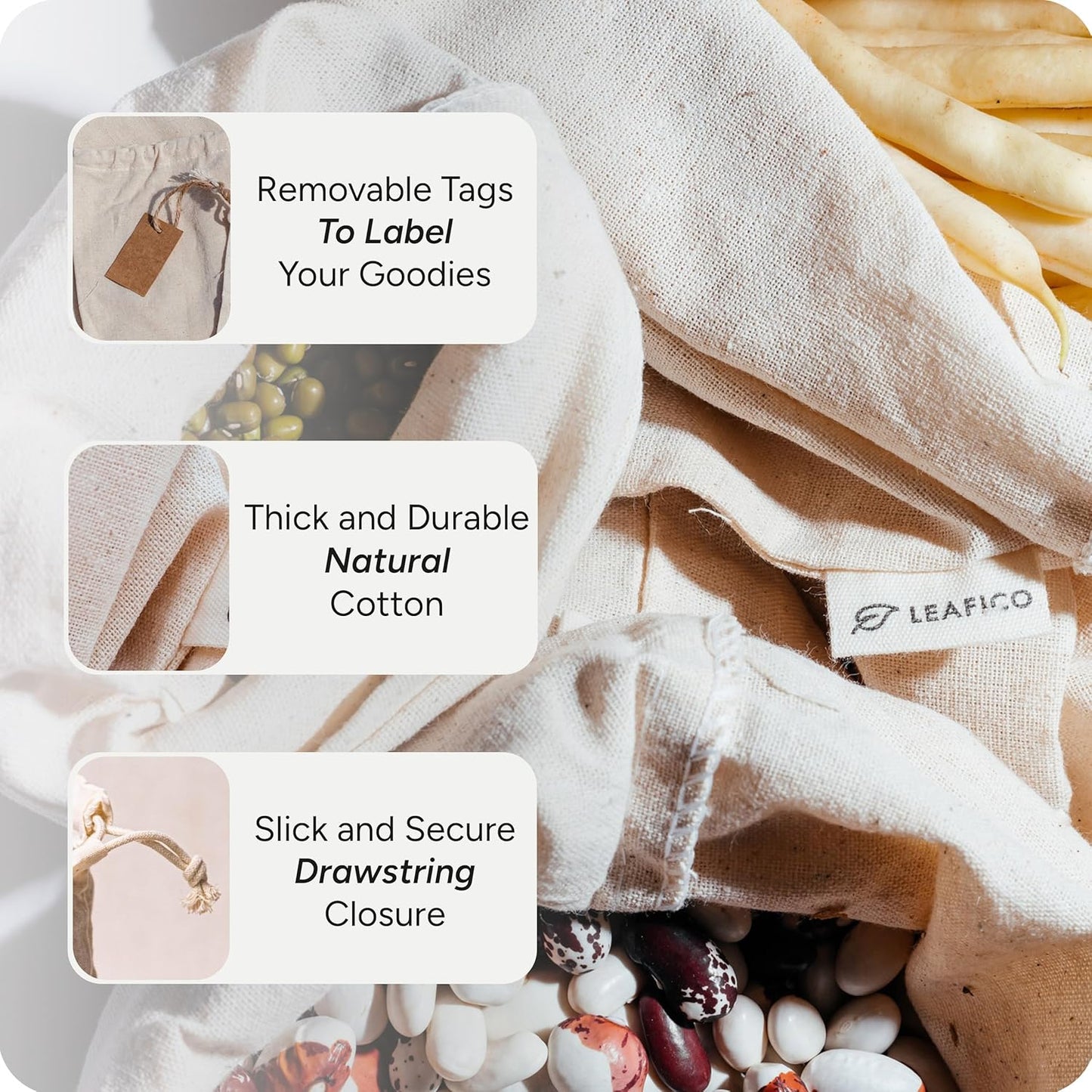 LEAFICO Multipurpose Eco Cloth Bags - Large 10x12 Inch (12 Pack) - Cotton Produce Storage Sacks - Muslin Drawstring Pouches for Vegetables - Bread Bags - Linen Fabric Sachets