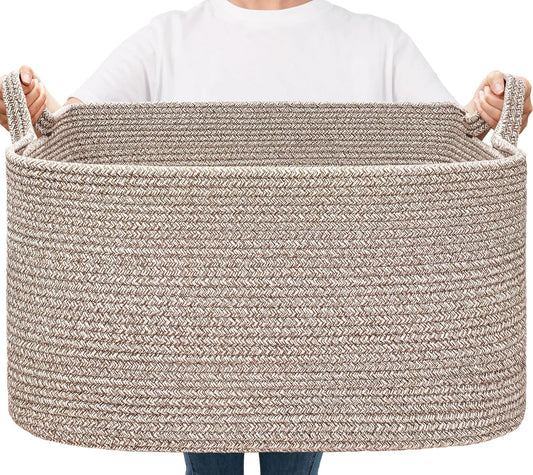 Goodpick Large Woven Storage Basket, 21.6" x 14.9" x 11.8" Blanket Basket for Living Room, Bedroom, Rectangle Rope Storage Organizer for Clothes, Toys, Brown