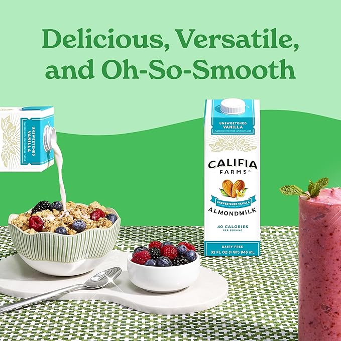 Califia Farms - Unsweetened Vanilla Almond Milk, 32 Oz (Pack of 6), Dairy Free, Vegan, Plant Based, Keto, Shelf Stable, Vegan, Gluten Free, Non GMO, Sugar Free, High Calcium, Smoothie