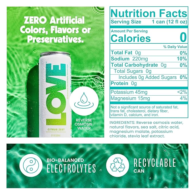 Be LOVE Balanced Electrolyte Beverage - Flavored Still Beverage for Daily Hydration, Exercise, Work & Wellness - Magnesium, Potassium & Sodium - Zero Sugar, Gluten Free (Citrus Zest, 12oz x 12ct)