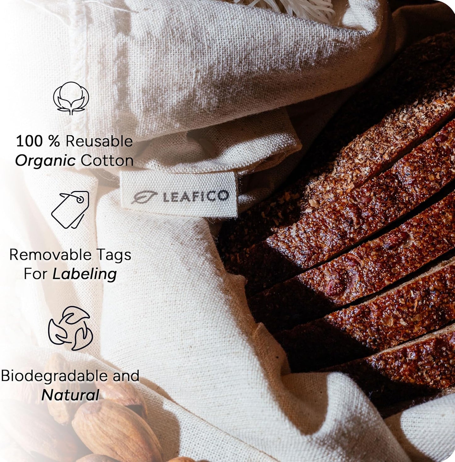 LEAFICO Cotton Storage Bags – X-Large 14x17 Inch (6-Pack) – Reusable Muslin Bags with Drawstrings – Biodegradable Canvas Fabric Sacks – Perfect for Bread, Bulk Produce, Potatoes, Onions, Shoes