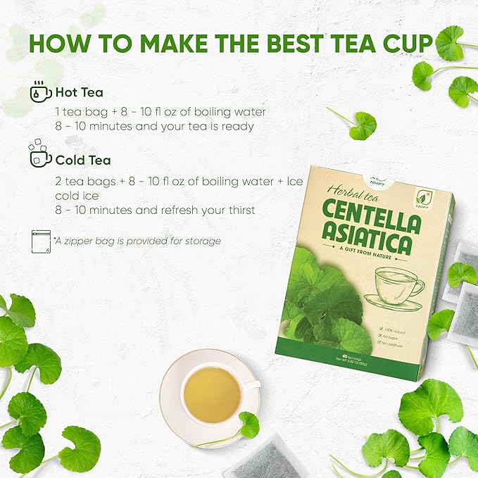NMPT Centella Asiatica Leaf Tea, 100% Hand Pick, Organic Herbal Tea, 40 Count, Freeze Drying, Gluten Free, Dairy Free, No Sugar Added, Energy Boost & Health Support, 0.07 Oz Each
