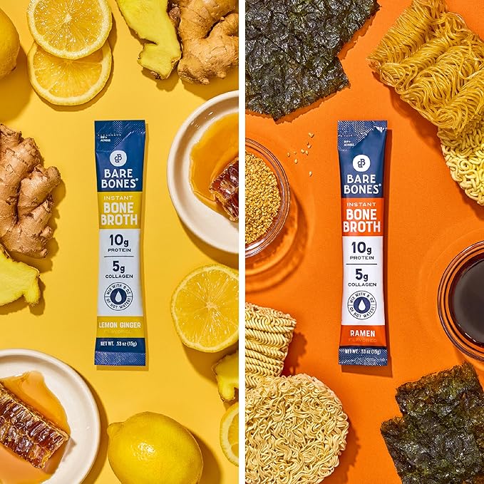 Bare Bones Bone Broth Instant Powdered Mix | 4 Beef 4 Chicken 4 Ramen 4 Lemon Ginger | Non-GMO Gluten-Free Dairy-Free Keto & Paleo Friendly | 15g Sticks 10g Protein | Variety Pack | 16 Pack