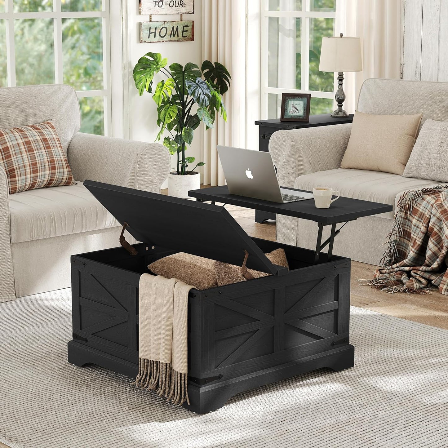 Furnideco Farmhouse Lift Top Coffee Table, Square Wood Center Table with Large Hidden Storage Compartment for Living Room, Rustic Cocktail Table with Hinged Lift Top for Home, Black