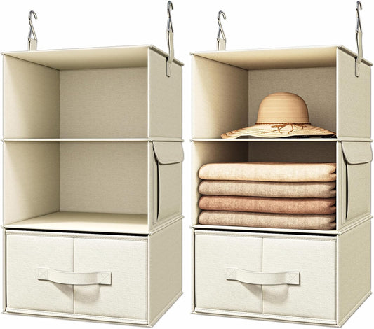 Vailando 3-Shelf Hanging Closet Organizer, Set of 2 Hanging Shelves with 2 Drawers for Wardrobe, Nursery, Baby Clothes Storage and Organization, Beige