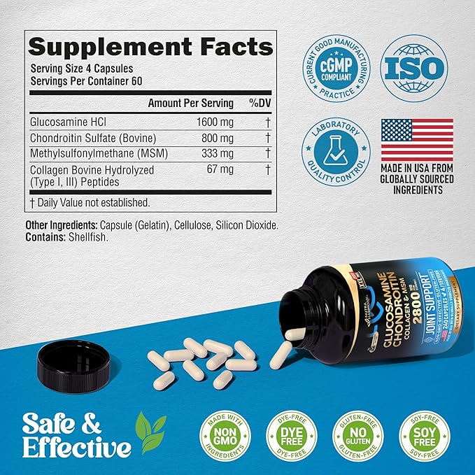 Glucosamine Chondroitin MSM Collagen | Joint Support Supplement 2800 mg | Made in USA | FSA Approved Product Items | Flexibility Nutritional Vitamins | for Men & Women, 240 Capsules