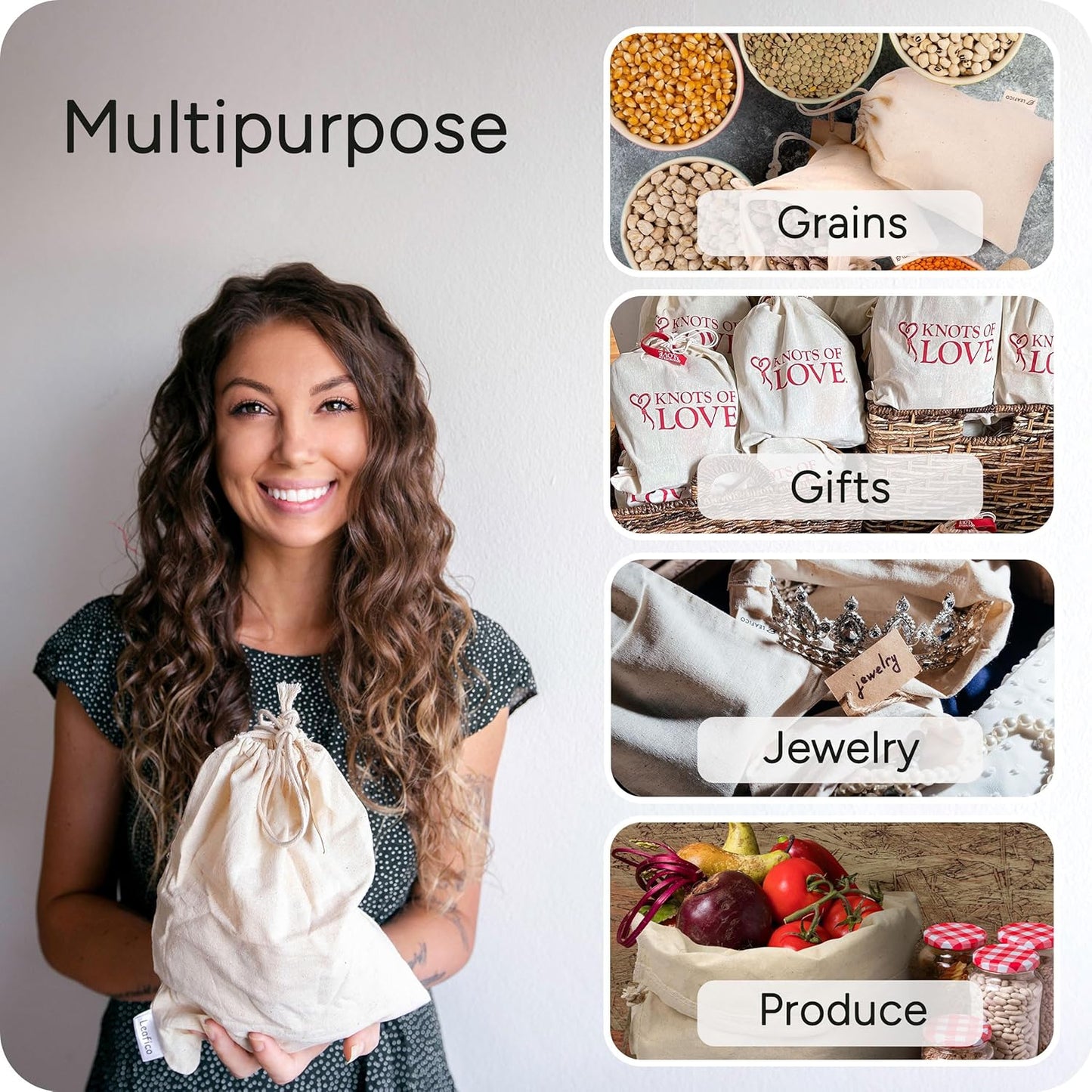 LEAFICO Organic Cotton Reusable Produce Bags - Small 5x7 (12 Pack) - Biodegradable Eco-Friendly Bulk Bin Sacks for Food - Cloth Bags with Drawstrings - Linen Pouch for Fruit, Vegetable Storage