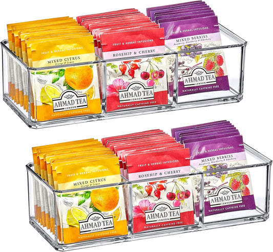 Amazing Abby - SereniTEA - 2-Pack Acrylic 3-Compartment Tea Bag Organizer, Clear Plastic Tea Box, 3-Slot Tea Chest, Perfect Tea Storage Solution for Kitchen Cabinet, Countertop, Pantry, and More