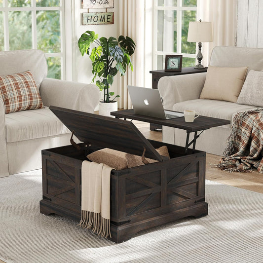 Furnideco Square Coffee Table with Storage Farmhouse Coffee Table with Lifting Top Modern Wood Center Table for Living Room Home Office, Dark Brown