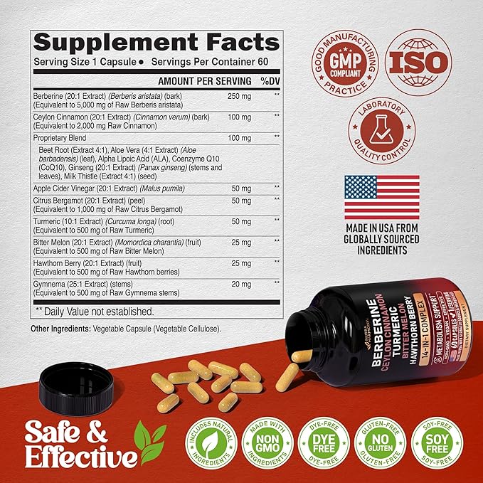 Berberine with Ceylon Cinnamon | Gymnema Extract | Apple Cider Vinegar | Hawthorn Berry | Citrus Bergamot | Bitter Melon - 14-in-1 Supplement for Heart Support, Metabolism & Energy - Vegan 60 Capsules