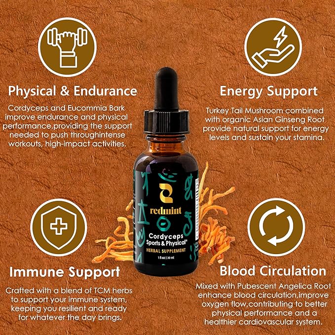 Redmint Cordyceps Mushroom Herbal Tincture -Sports & Physical | Rooted in Ancient TCM Wisdom | Organic Energy & Stamina Support Mushroom Blend Supplement | Natural Endurance & Immune Support | 1 Fl oz
