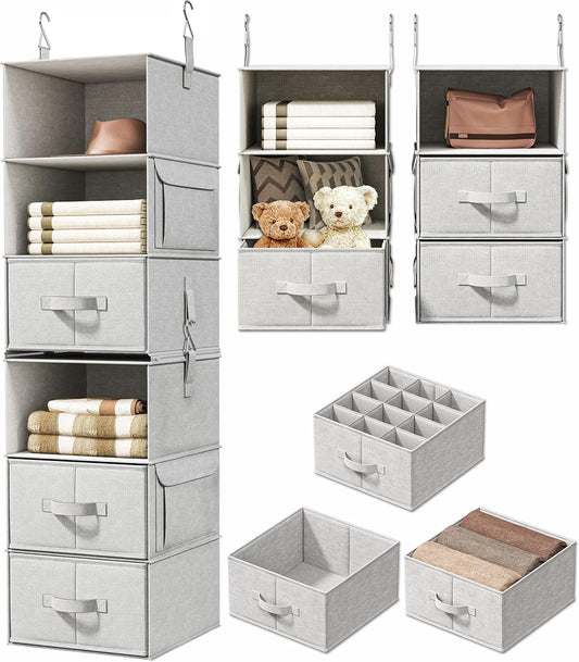 Vailando 6-Shelf Hanging Closet Organizer with 3 Drawers, 2 Separable 3-Shelf Closet Organizers and Storage for Wardrobe Organization, Hanging Dresser for Nursury & Dorm Clothes Organizer