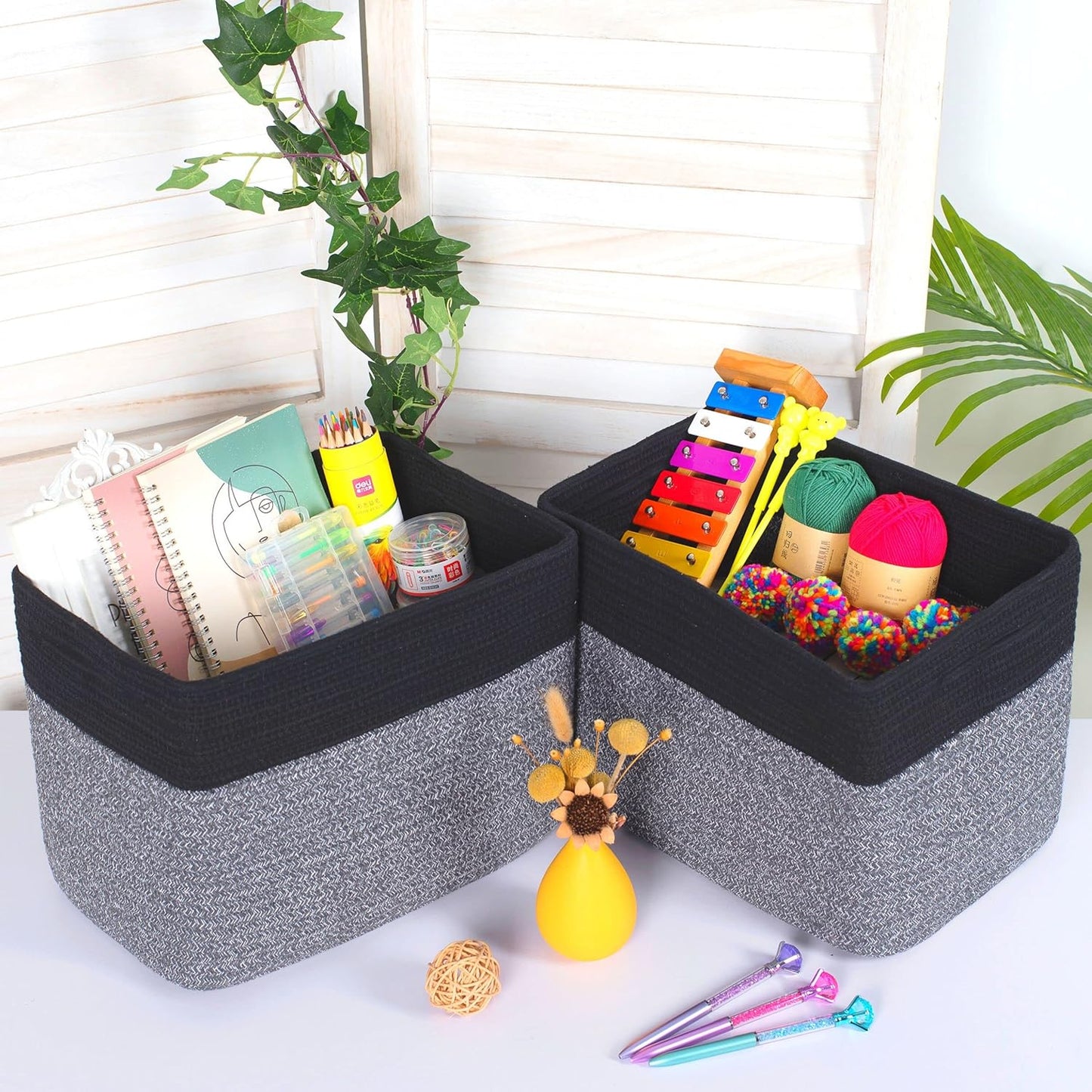 MINTWOOD Design 3-Pack Storage Baskets for Shelves, Playroom and Classroom Storage Basket, Book Basket, Decorative Storage Cube Bins, Woven Closet Organizers, Pantry and Shoe Organizer, Black Grey Mix
