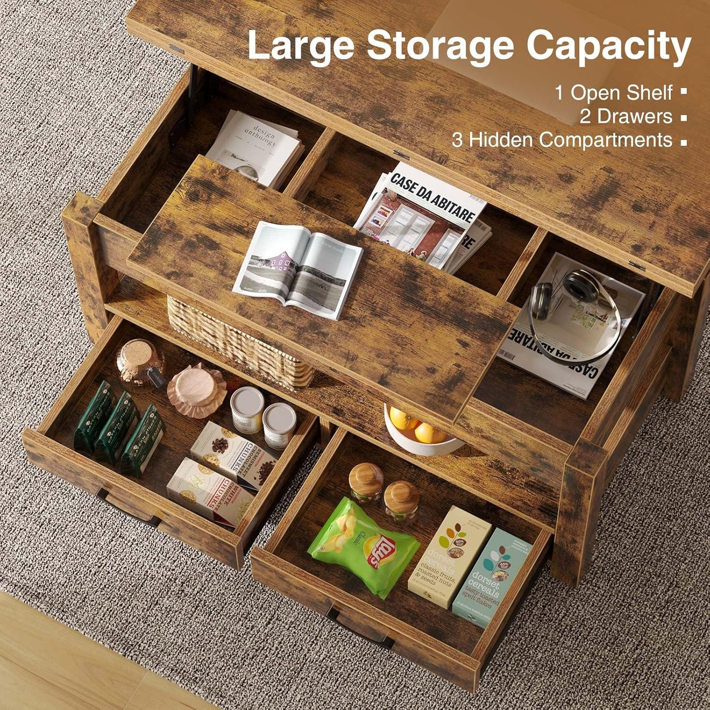 Rolanstar Coffee Table Lift Top, Multi-Function Convertible Coffee Table with Drawers and Hidden Compartment, Converts to Dining Table for Living Room, Home Office, Rustic Brown