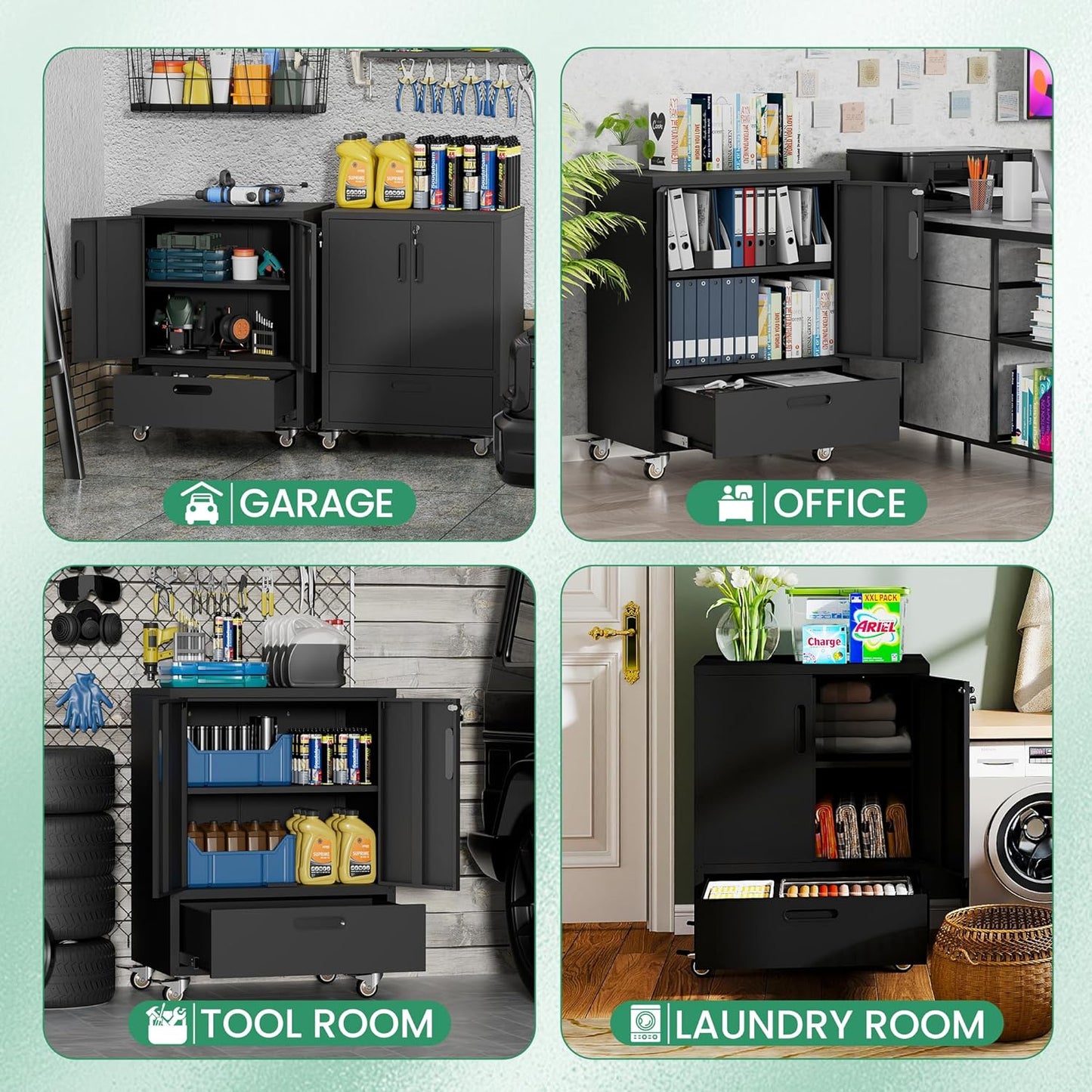 Metal Garage Storage Cabinet with Wheels,Black Lockable Rolling Tool Cabinet with Drawer and Adjustable Shelves,Heavy Duty Tools Cabinet for Home Office Utility Room
