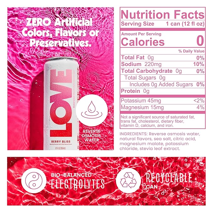 Be LOVE Balanced Electrolyte Beverage - Flavored Still Beverage for Daily Hydration, Exercise, Work & Wellness - Magnesium, Potassium & Sodium - Zero Sugar, Gluten Free (Berry Bliss, 12oz x 12ct)