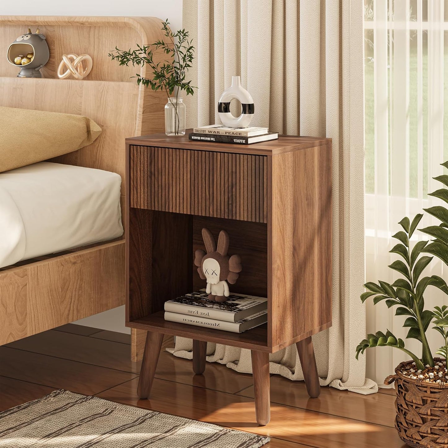 Nightstand, Modern Bedside Table with Storage Drawers and Open Wood Shelf, Night Stand with Solid Wood Legs, End Tables Side Tables for Living Room, Bedroom Walnut