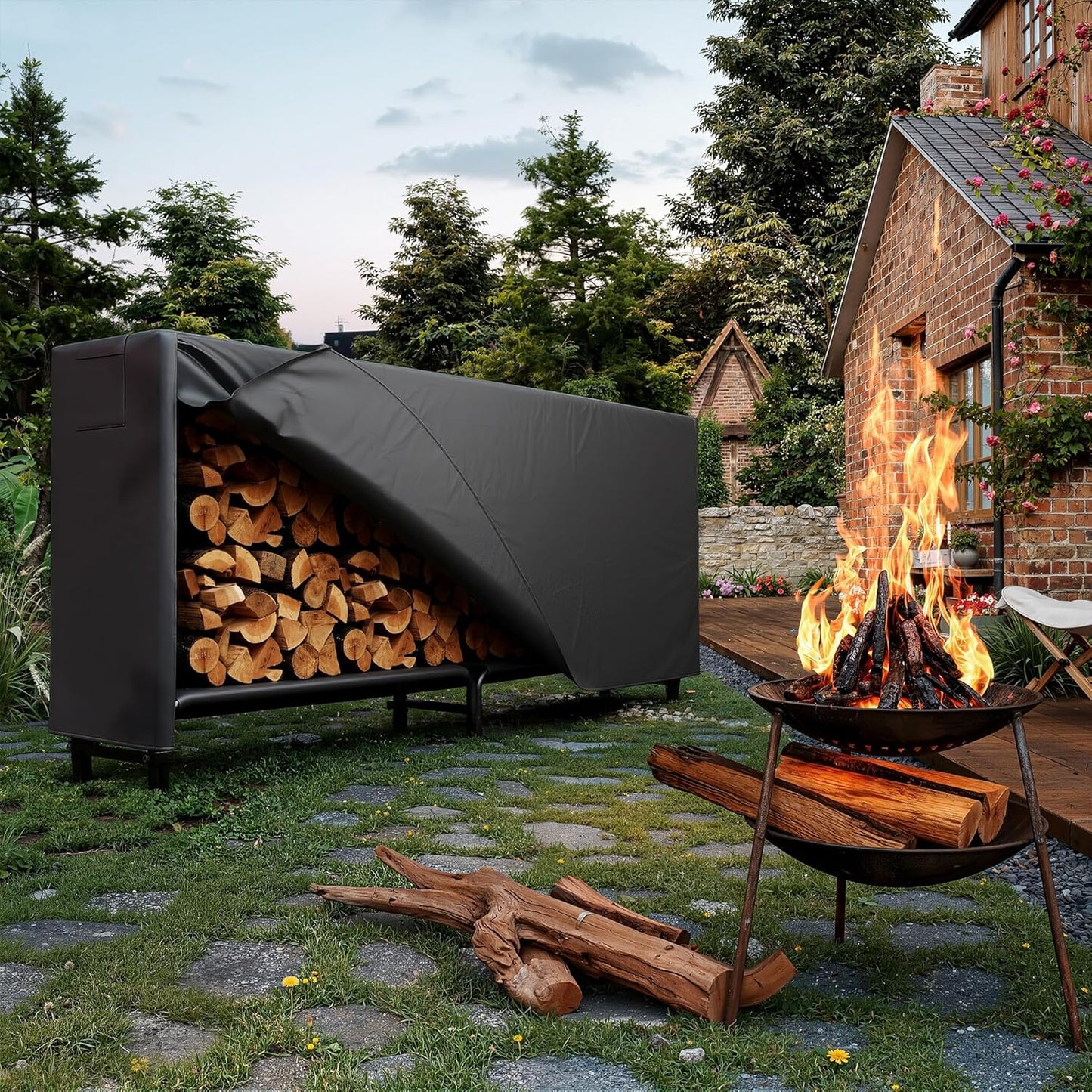 8FT Firewood Rack with Cover, Holders Firewood Outdoor Log Rack with Zipper, 8FT Heavy Duty Indoor Firewoods Storage Log Racks, Black Waterproof Oxford Fabric