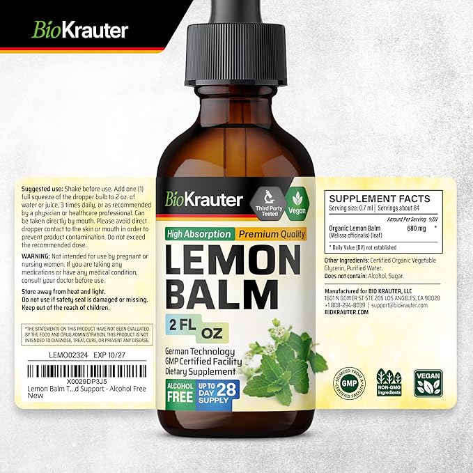 BIO KRAUTER Lemon Balm Leaf Extract - Vegan Melissa Lemon Balm Tincture for Calmness Support - Sugar & Alcohol-Free - 2 Fl. Oz.