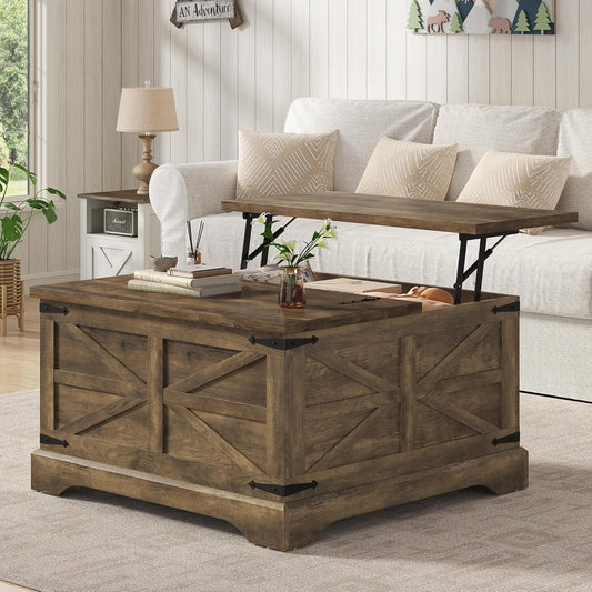 Furnideco 35.5''W Square Coffee Table Farmhouse Lift top Coffee Table with Large Hidden Storage, Wood Center Table for Living Room, Home Office, Brown