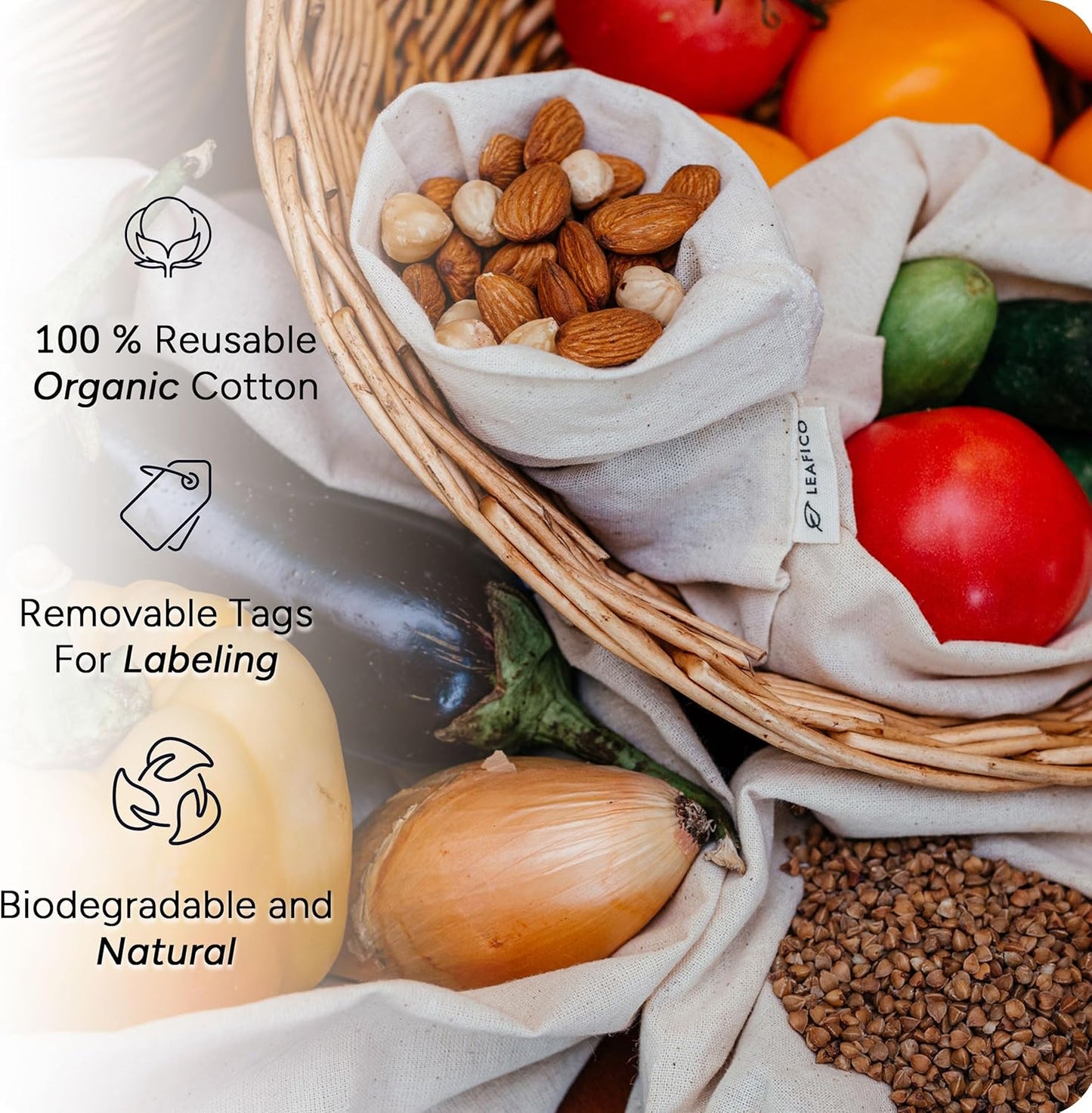 LEAFICO Multipurpose Eco Cloth Bags - Large 10x12 Inch (12 Pack) - Cotton Produce Storage Sacks - Muslin Drawstring Pouches for Vegetables - Bread Bags - Linen Fabric Sachets