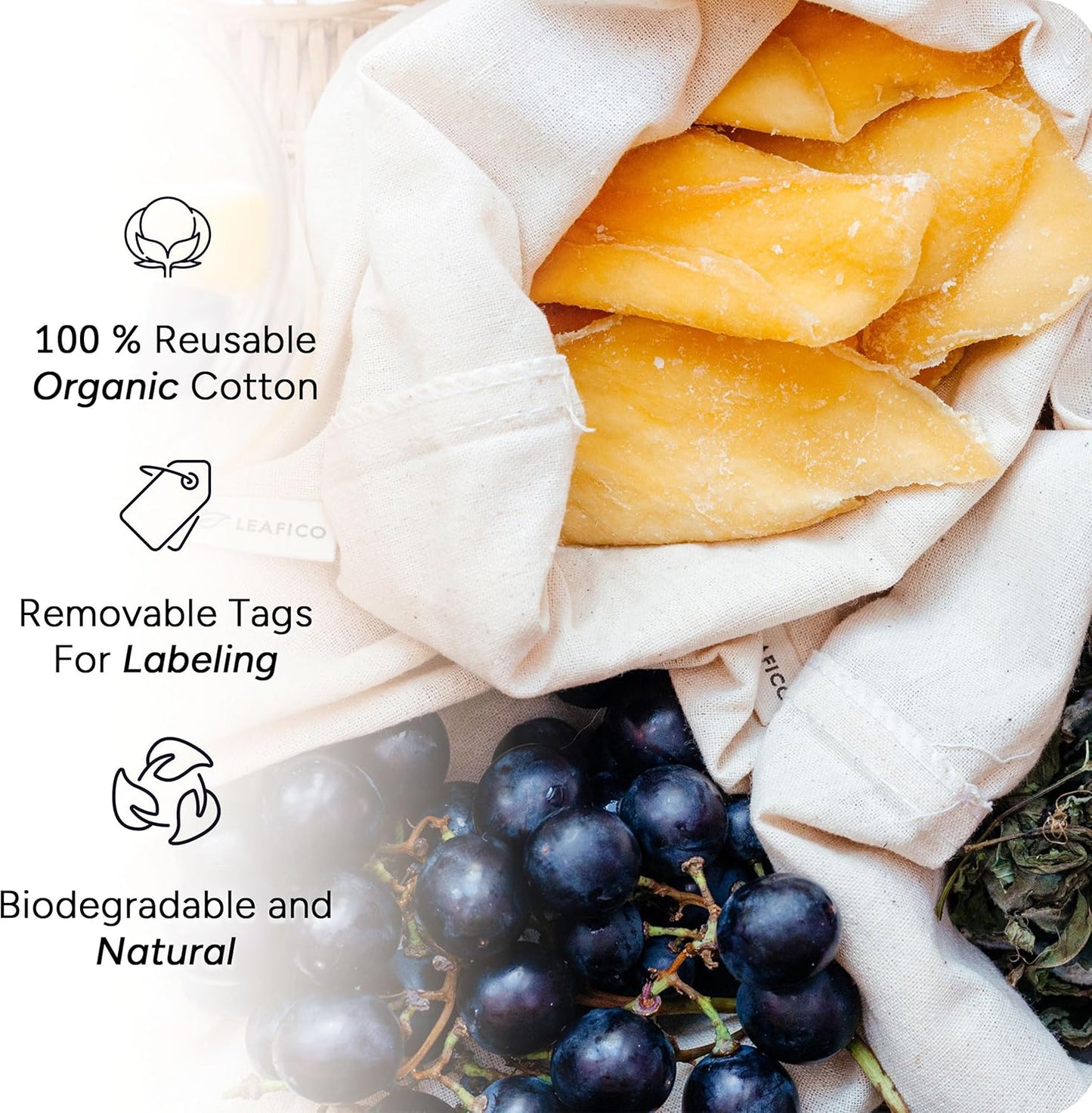LEAFICO Organic Cotton Reusable Produce Bags - Small 5x7 (12 Pack) - Biodegradable Eco-Friendly Bulk Bin Sacks for Food - Cloth Bags with Drawstrings - Linen Pouch for Fruit, Vegetable Storage
