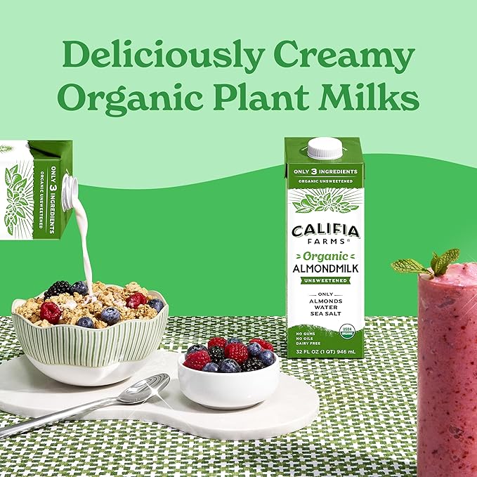 Califia Farms - Organic Unsweetened Almond Milk, 32 Oz (Pack of 6), Dairy Free, Vegan, Plant Based, Keto, Vegan, Gluten Free, Non GMO, USDA Organic